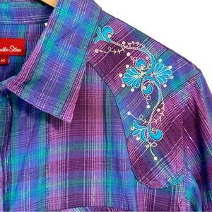 Panhandle Slim Woman’s Western Button Down Shirt XL Pearl Snap Embroidered Plaid